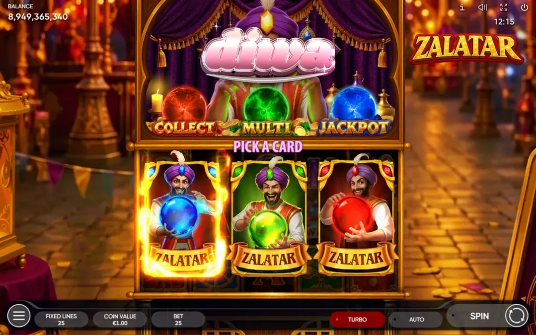 Tampilan visual slot Zalatar dengan elemen mistis dan simbol ramalan nasib.
